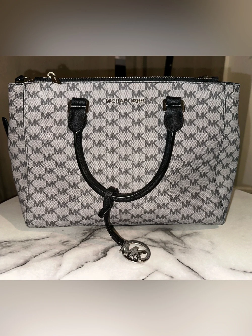 Michael Kors Gray MK Monogram Tote with Black Trim